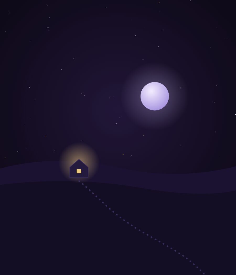 Illustration of a small house with one lit window under a full moon, with a dotted path leading away