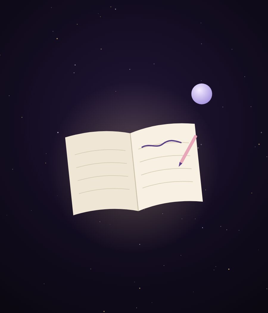 Illustration of an open notebook with a single line written and a pink pencil, under a small moon
